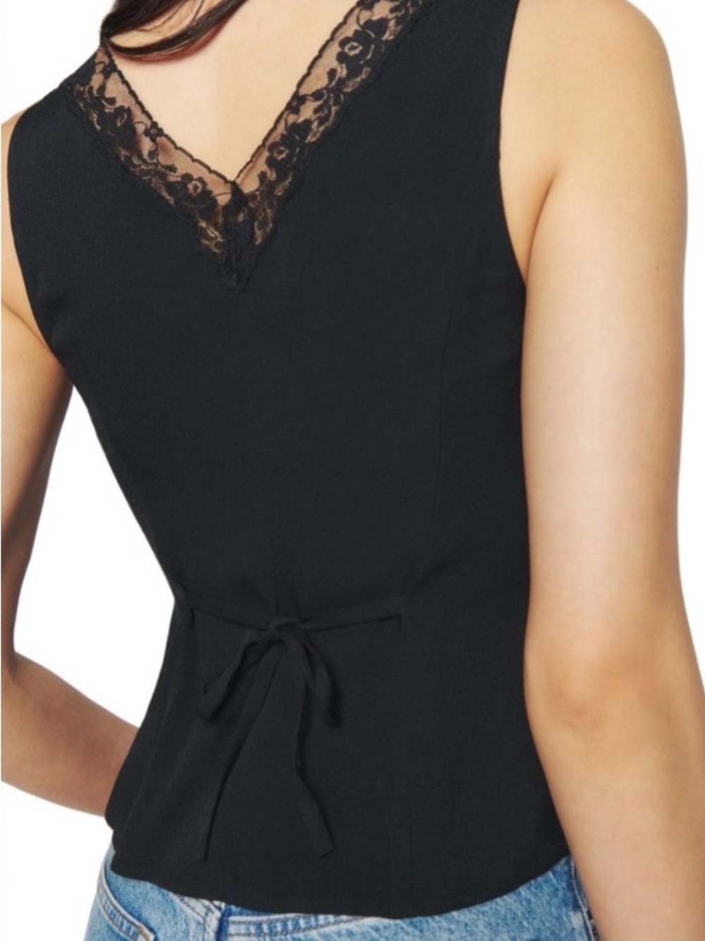Reformation Cristina Black Lace-Trim V-Neck Silk Tank NWOT - Picture 6 of 6